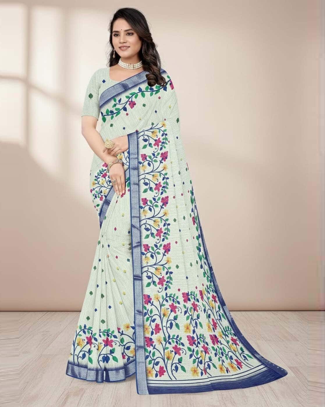Fashionfricks Floral Print Saree with Running Blouse Piece For Women (Green, FS)