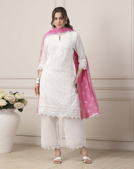 Biba Women Embroidered Straight Kurta with Pants & Dupatta Set