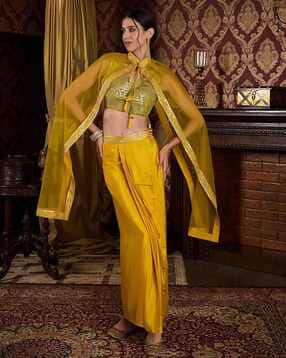 kvs fab  Poly Chinon Zari Sequence Embroidered Top With Pleated Dhoti With Shrug-picture-32
