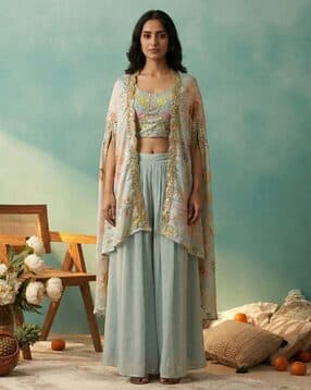 kvs fab Chinon Zari Thread Embroidered Top With Bottom and Shrug Set-picture-38