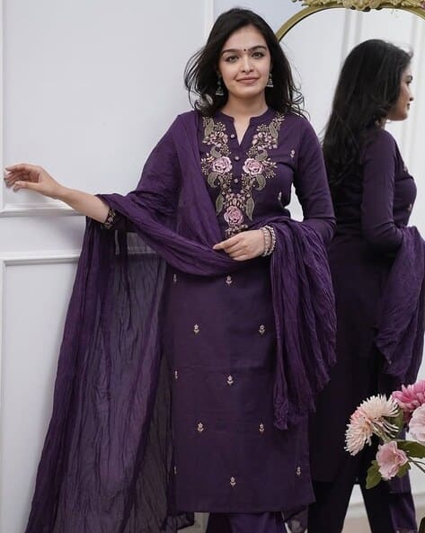 Acai Women Embroidered Straight Kurta with Pants & Dupatta