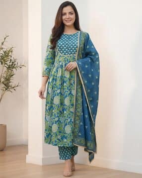 hivora Women Floral Print A-Line Kurta with Pants & Dupatta-picture-15