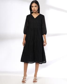 Women Schiffli Embroidered Fit & Flare Dress-image-41