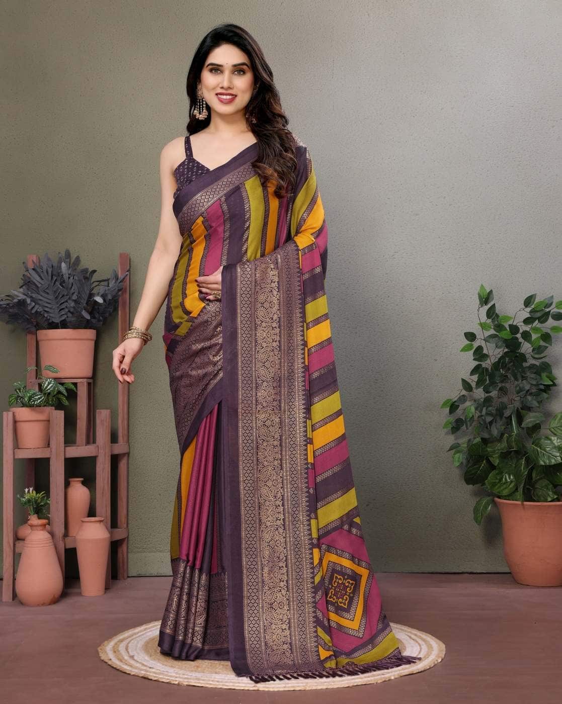 Fashionfricks Women Woven Saree with Contrast Border For Women (Wine, FS)