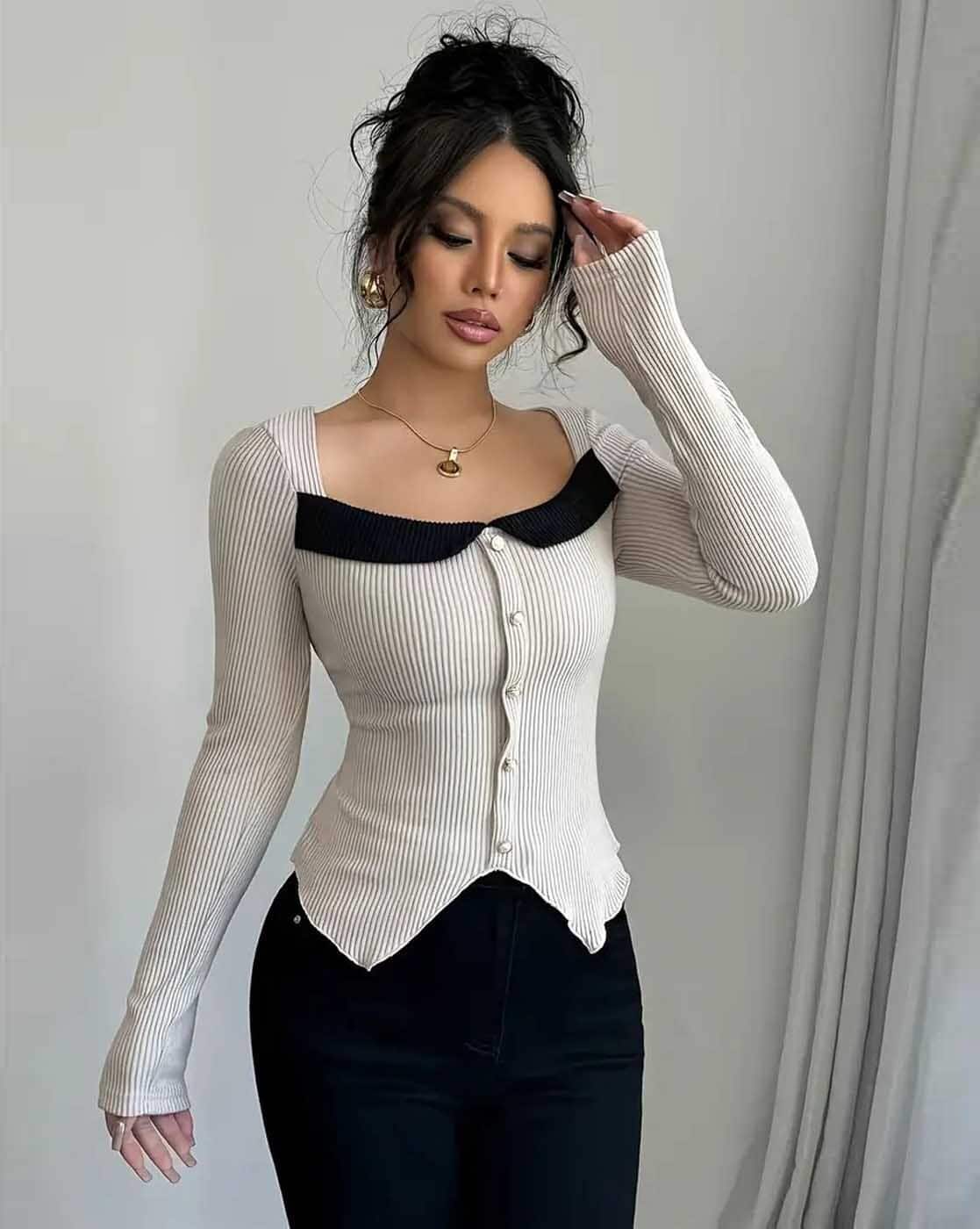 Buda Jeans Co Women Striped Regular Fit Top For Women (Cream, S)