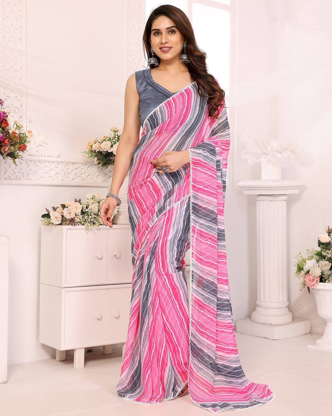 Fashionfricks Women Striped Georgette Saree For Women (Pink, FS)