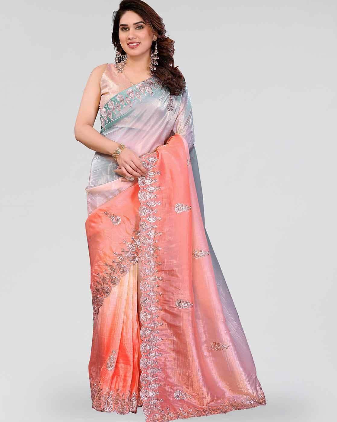 Fashionfricks Women Embellished Saree with Contrast Border For Women (Peach, FS)