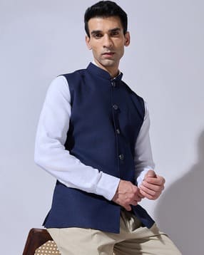 Men Slim Fit Nehru Jacket with Mandarin Collar-image-3