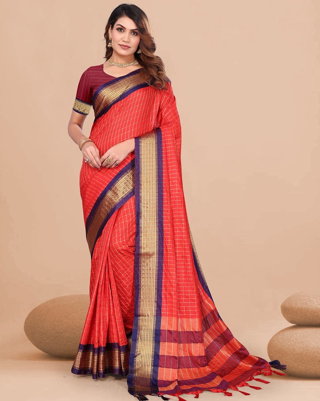 Fashionfricks Women Checked Saree with Tassels For Women (Red, FS)