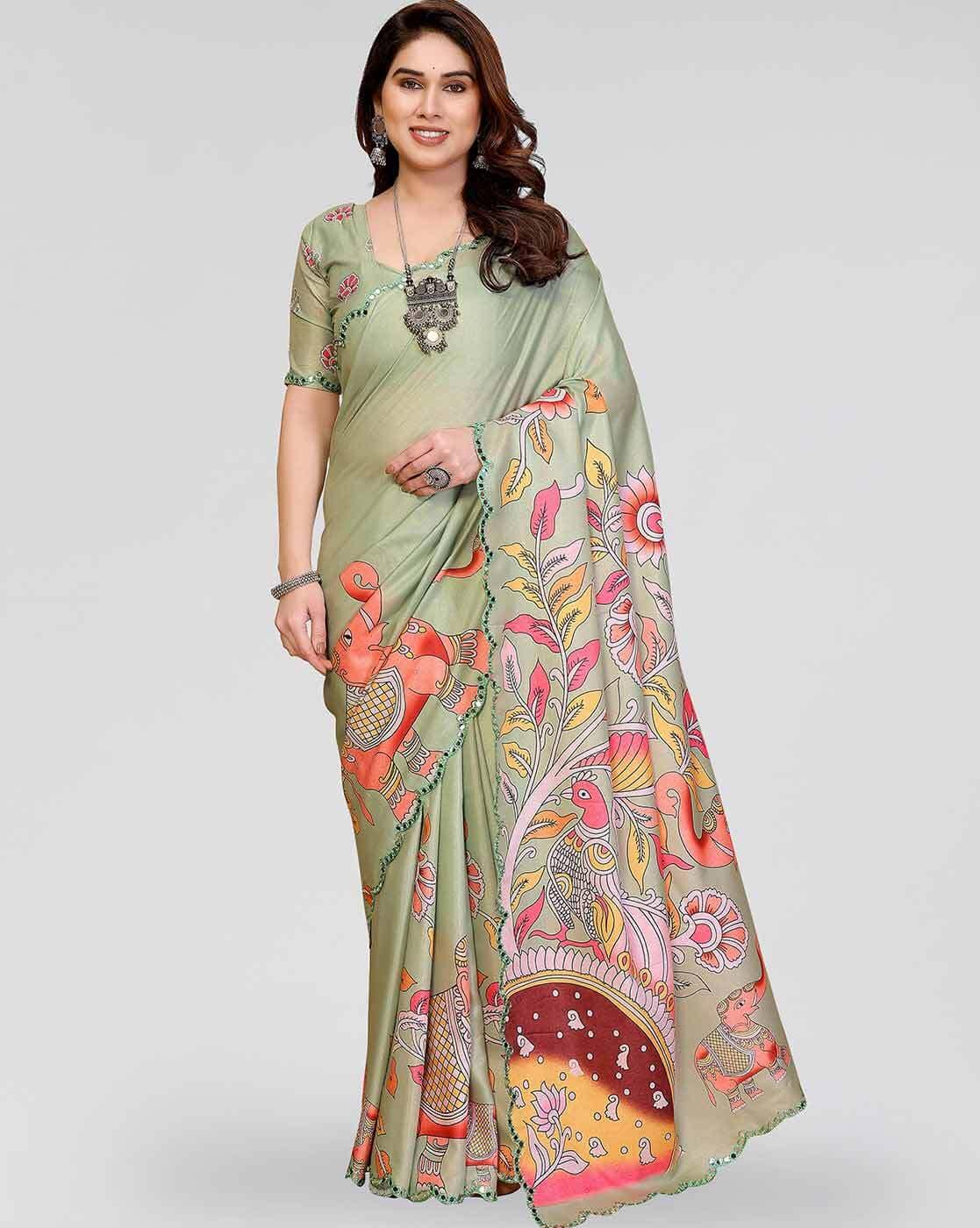 Fashionfricks Women Floral Print Saree with Contrast Border For Women (Green, FS)