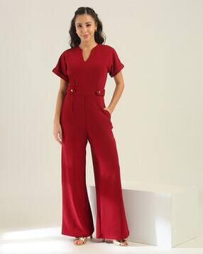 globus Women V-Neck Extended Sleeves Self Design Wide Leg Belted Workwear Jumpsuit-picture-35