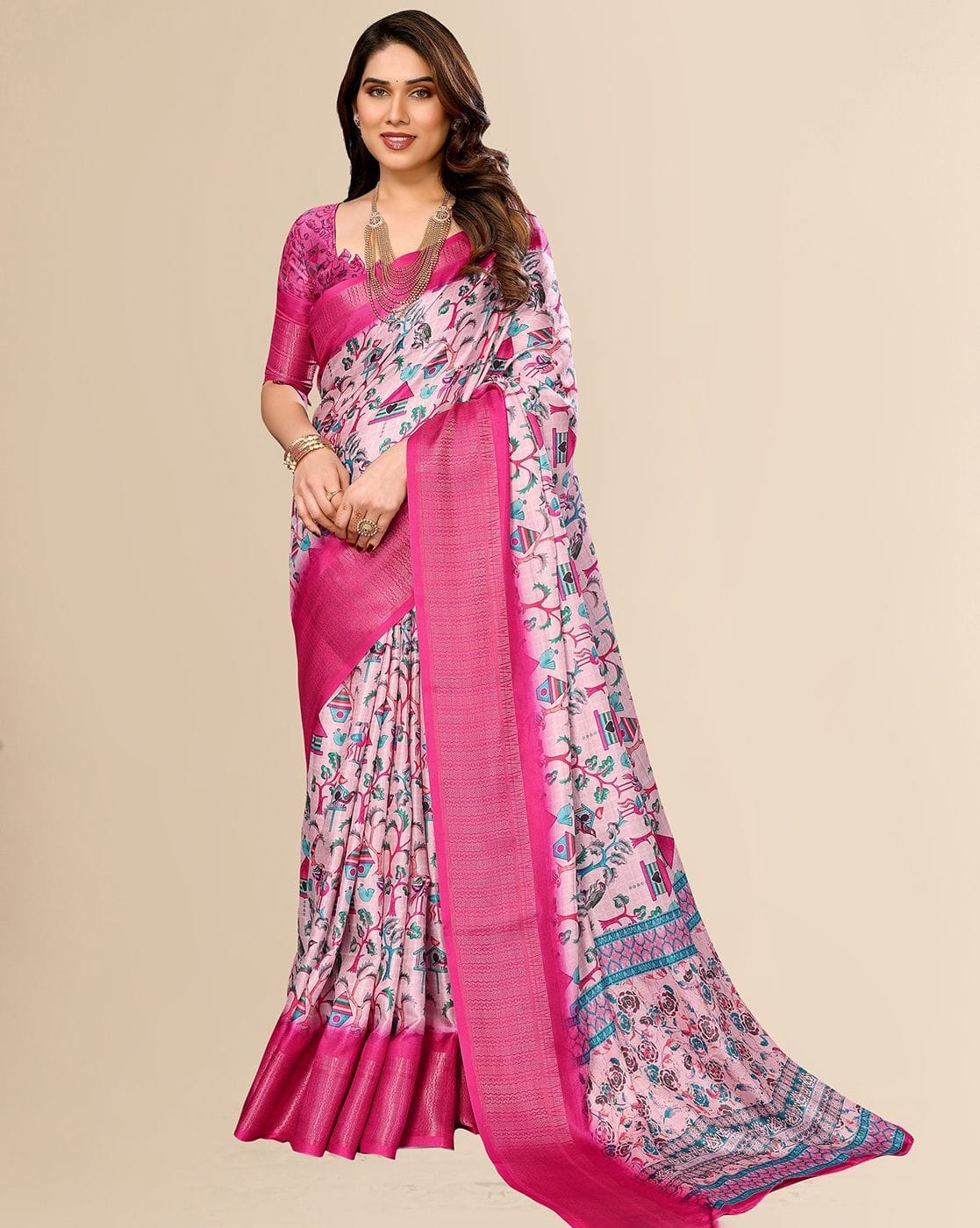 Fashionfricks Women Printed Saree with Contrast Border For Women (Pink, FS)