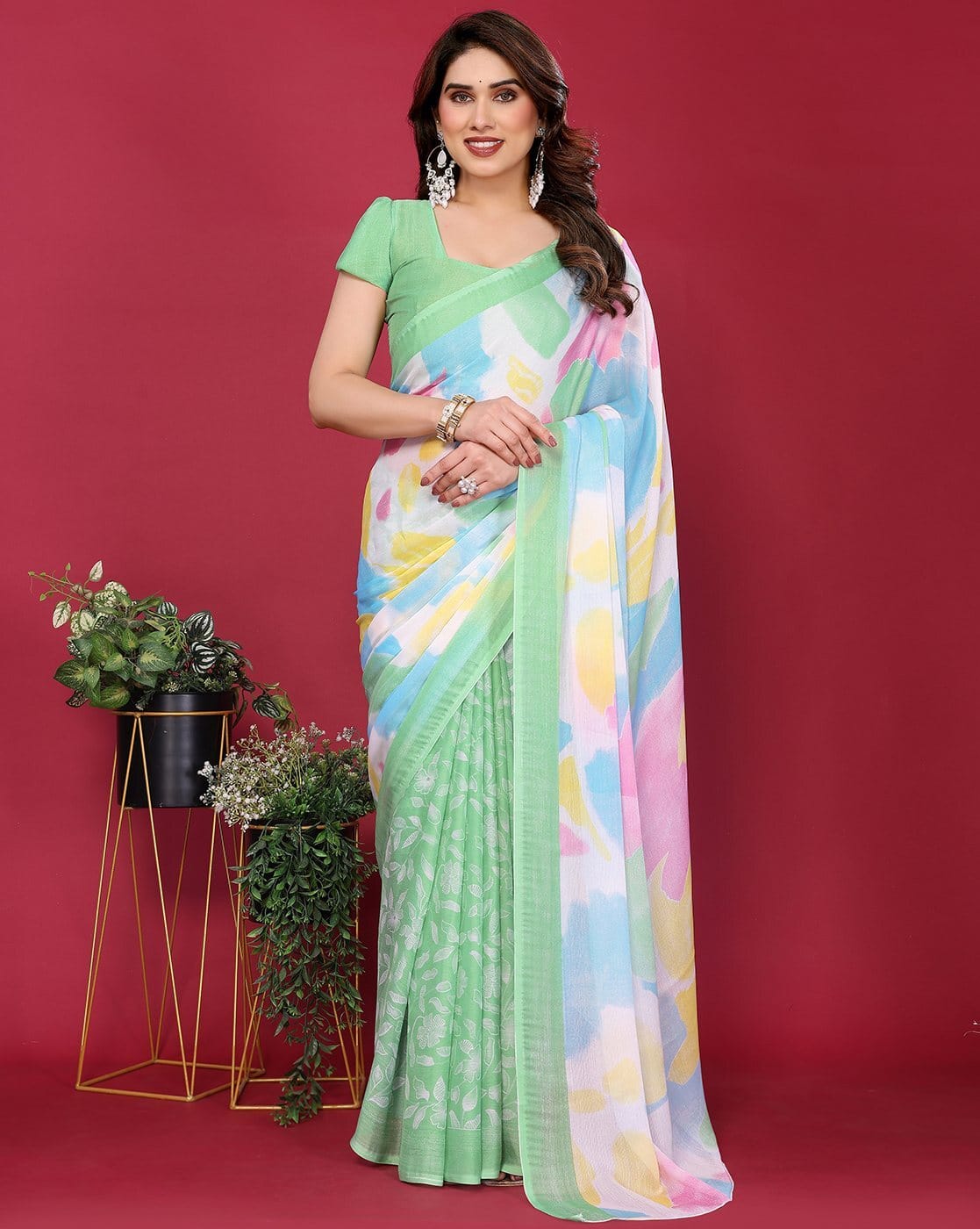Fashionfricks Women Printed Saree with Contrast Border For Women (Green, FS)