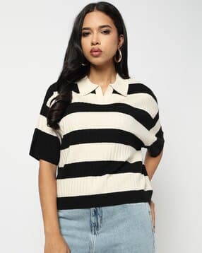 yousta Women Striper Open-Collar Flat Knit Boxy Fit Top-picture-29