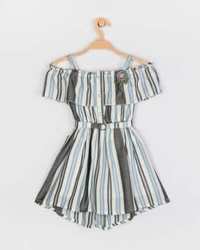 Girls Striped Fit & Flare Dress with Belt-image-12