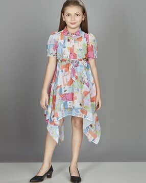 Girls Geometric Print Shirt Dress with Waist Tie-Up-image-20