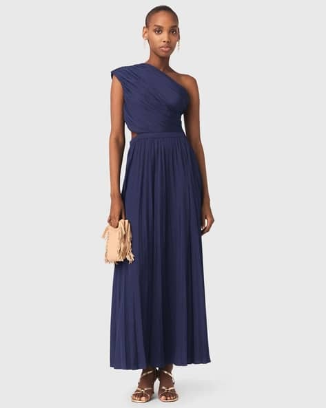 Buy Maje Asymmetrical Pleated Regular Fit Maxi Dress | Navy Blue Color Women | AJIO LUXE Buy Maje Asymmetrical Pleated Regular Fit Maxi Dress | Navy Blue Color Women | AJIO LUXE