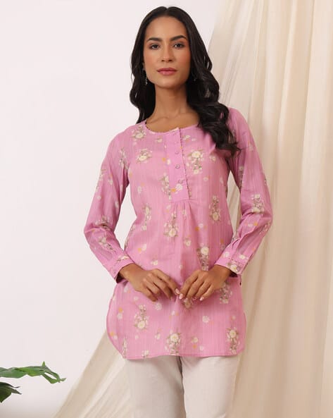 W White & Blue Shirt Collar Printed Ethnic Tunic Top