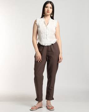 svrnaa by azorte Women Solid Pants with Lace Detailing at Hem-picture-51