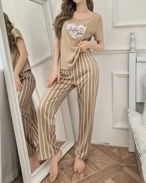 Women Striped T-Shirt & Pyjama Nightwear Set-image-41