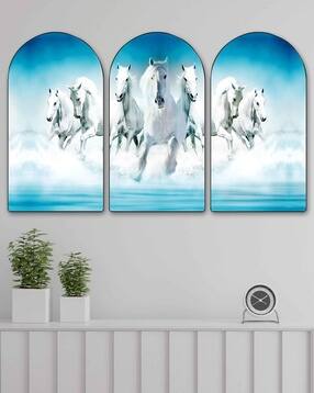 saf White Running Horses Wall Painting Set of 3 -picture-35
