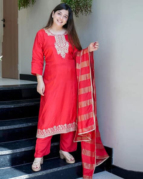 Nyrika Woman Embellished Straight Kurta Set with Dupatta