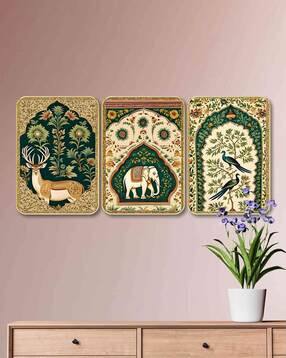 saf Deer Elephant Peacock Mughal Arch Wall Art Sparkle Laminated Golden Frame MDF-picture-21