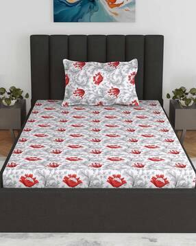 Floral Print Single Fitted Bedsheet with Pillow Cover-image-34