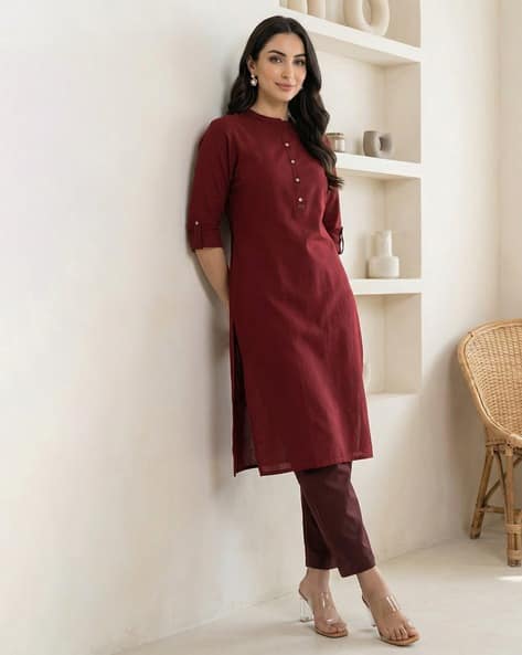 Lilac Mandarin Collar Cotton Blend Straight Kurta