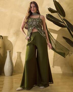 kvs fab Embroidered Top with Palazzo & Dupatta Fusion Set-picture-38