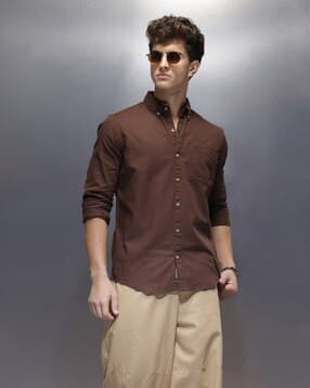 wrogn Men Slim Fit Shirt with Curved Hem -picture-13