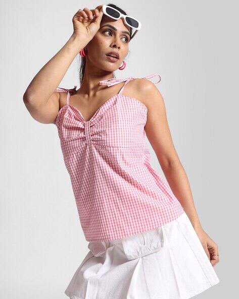 Bene Kleed Women Spaghetti Tie Up Bow Checkered Top