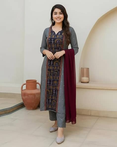 Women Micro Print Straight Kurta with Pants & Dupatta
