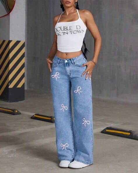 GLOSSIA Women High-Rise Straight Jeans with Bow - Image 3