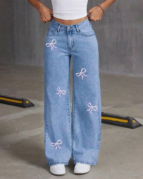GLOSSIA Women High-Rise Straight Jeans with Bow - Image 1