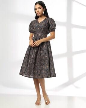 fusion Women Floral Print V-Neck Fit & Flare Dress-picture-13