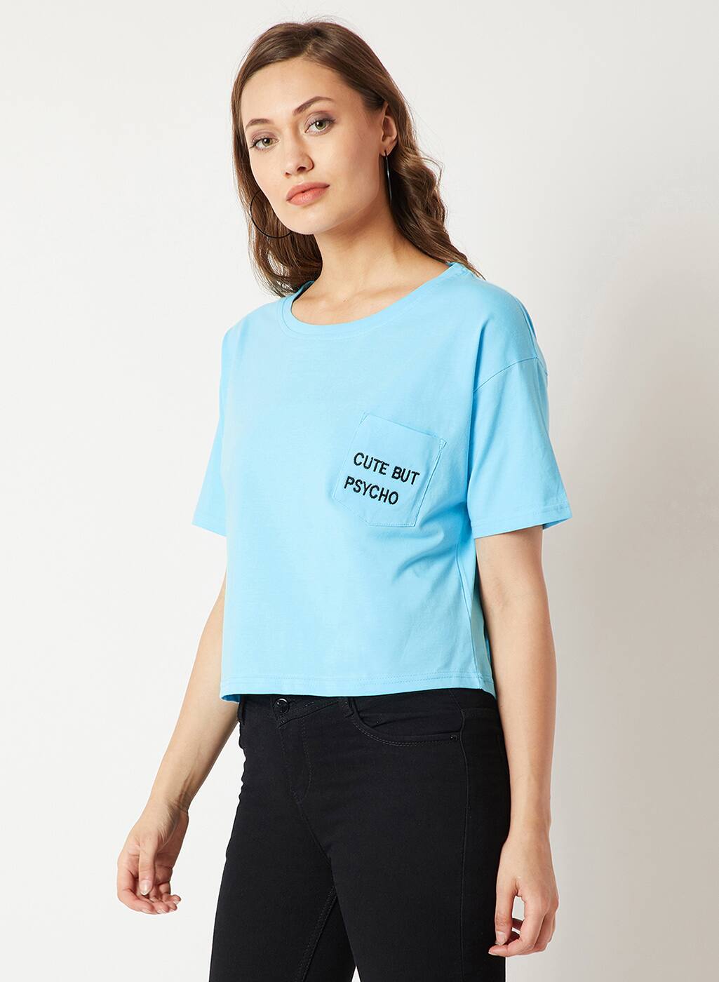 Crop T-shirt with Embroided Patch Pocket