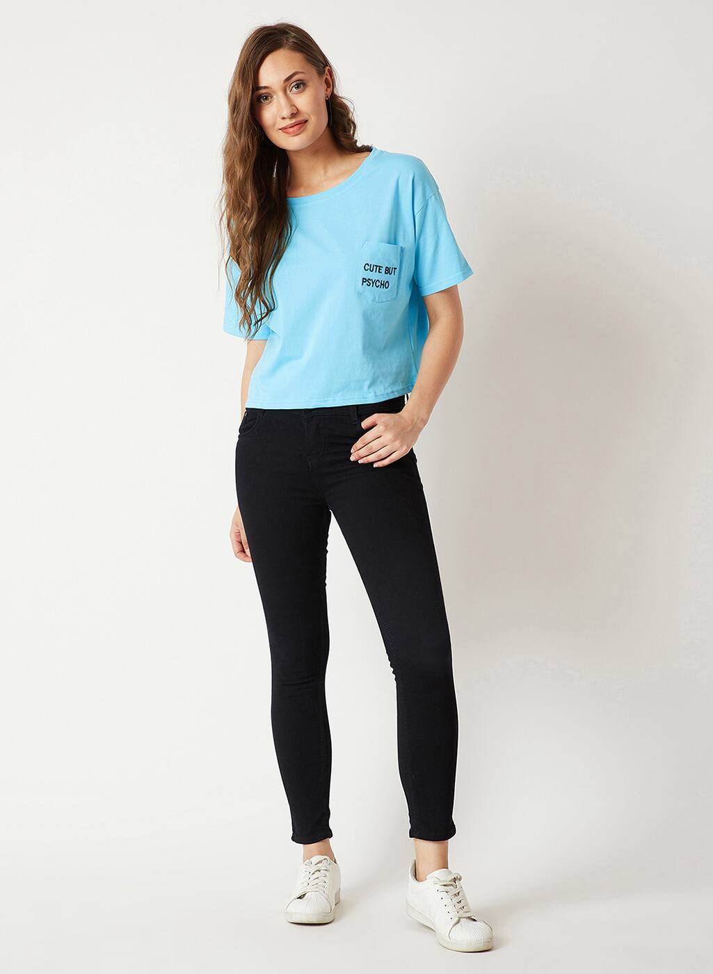 Crop T-shirt with Embroided Patch Pocket