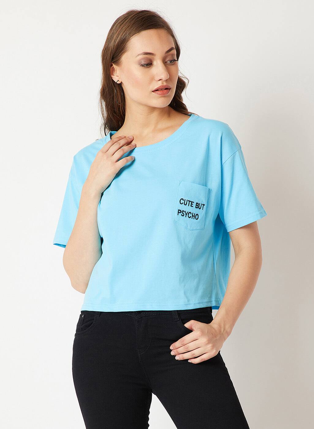 Crop T-shirt with Embroided Patch Pocket