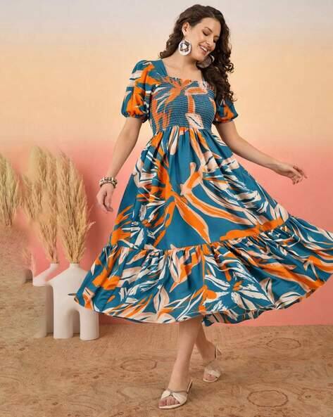 Fyre Rose Women Leaf Print Square-Neck Fit & Flare Dress