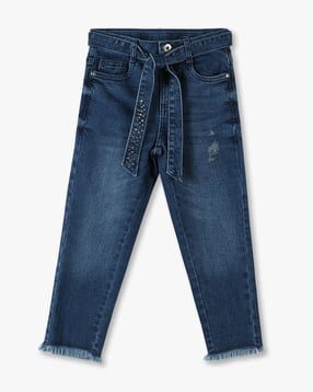 Girls Lightly Washed Regular Fit Jeans with Bow Rhinestone Belt-image-42