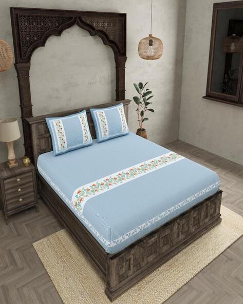 Jaipur Fabric 200-TC Leaf Print Fitted Double Bedsheet with Pillow Covers