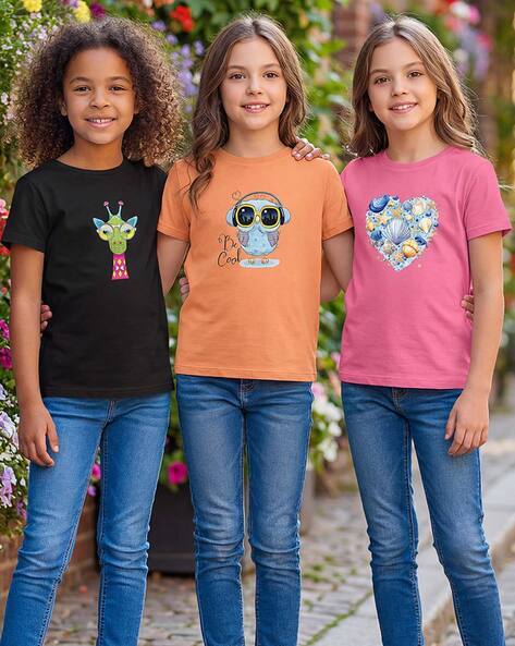 Hellcat Girls Pack of 3 Printed Round-Neck T-Shirts