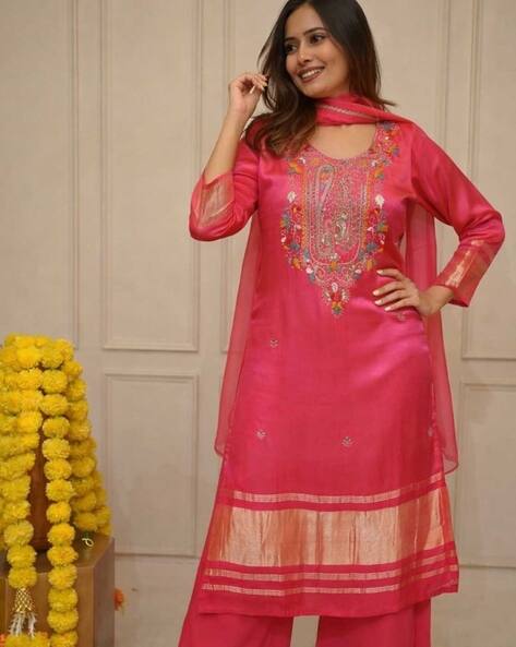 Indie Picks Women Embroidered Straight Kurta with Palazzos & Dupatta