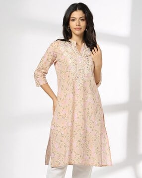 Women Mandarin-Collar Chikankari Straight Kurta-image-43