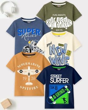 kuchipoo Boys Pack of 5 Typographic Print Relaxed Fit Round-Neck T-Shirts-picture-31