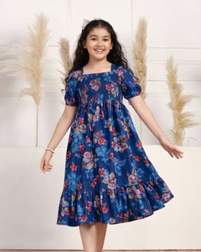 xqsee Girls Floral Print Fit & Flare Dress with Puff Sleeves-picture-30