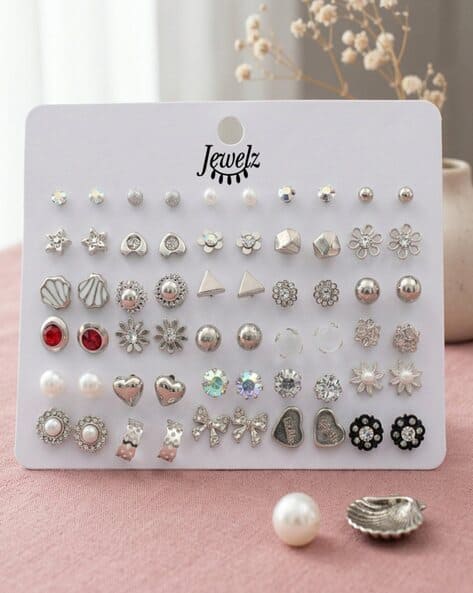 JEWELZ 30 Pairs Silver & Crystal Stud Earrings