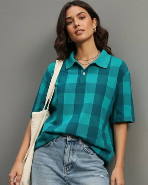Buda Jeans Co Women Checked Loose Fit Polo T-Shirt