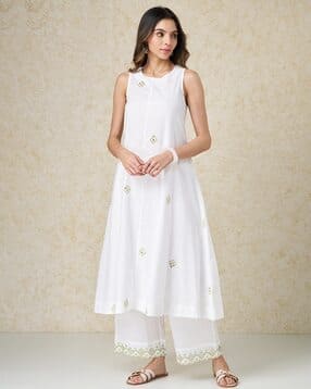 rangmanch by pantaloons Women Embellished & Embroidered Round-Neck A-Line Kurta-picture-34